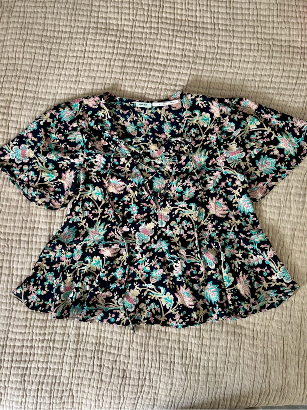Navy Floral Tie-Front Short Sleeve Cropped Blouse - XS